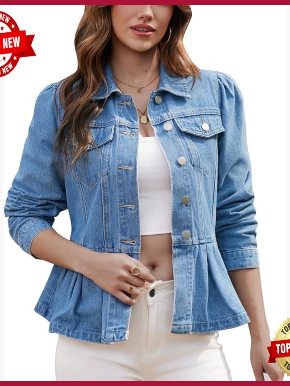 Denim Jacket with Puff Sleeves Ruffle Hem Button Down Coat